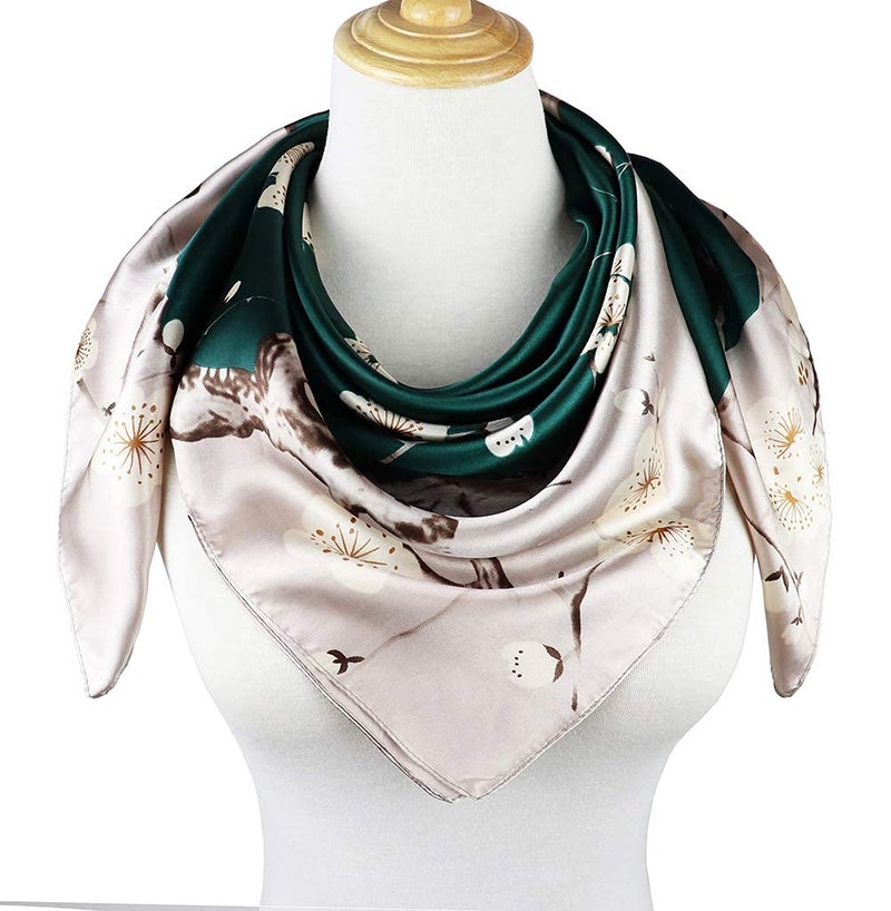 vabovin Women's Silk Feeling Neckerchief Large Square Satin Scarf Fashion Bandanas (Green Sliver Plum Blossom) - Image 4